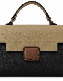 Two tone leather handbag with black body beige flap and brown centerpiece buckle on front