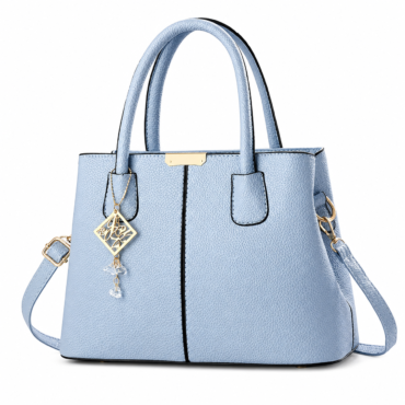 Light blue textured handbag with two top handles and a detachable shoulder strap decorative charms hanging from the handle