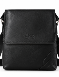 Black textured leather crossbody bag with a front flap adjustable strap and a Jeep logo