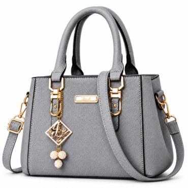 Gray handbag with gold-tone hardware, two top handles, and a detachable shoulder strap.
