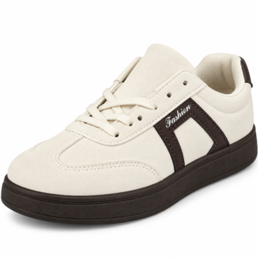 Cream sneaker with dark brown sole and decorative brown side panel labeled 'Fashion'