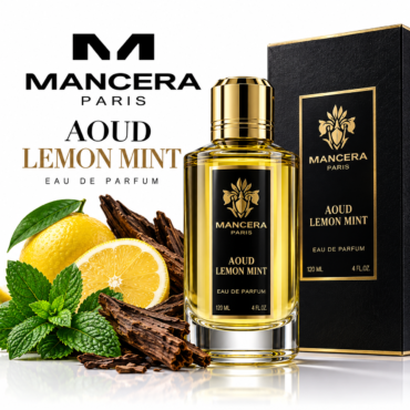 Mancera Aoud Lemon Mint perfume bottle with black-gold label and box, set beside lemons, mint leaves, and chocolatey bark slices.