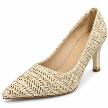 Beige woven straw high-heeled pump with a pointed toe and braided texture.