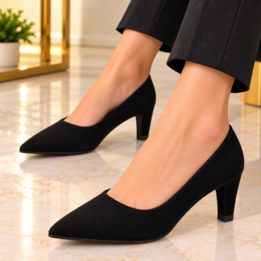 Close-up of a person wearing black pointed-toe heeled pumps on a polished marble floor.