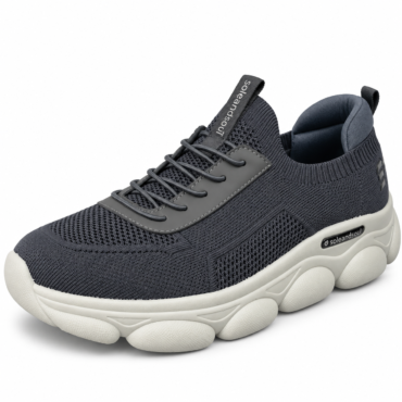 Dark blue knit sneaker with a bulky white sole and gray laces, side branding reads 'soleandsoul' underfoot.