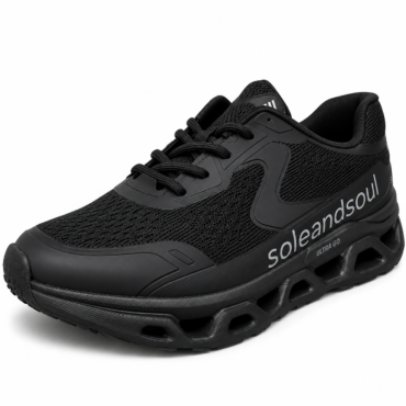Black athletic sneaker with mesh upper and chunky sole; 'soleandsoul' logo along the side.