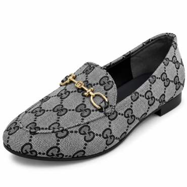 Grey canvas loafer with black GG monogram pattern and gold horsebit across the vamp.”