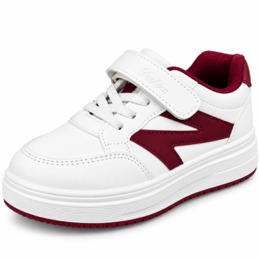 White sneaker with burgundy side panels, burgundy outsole, and a Velcro strap over the laces.