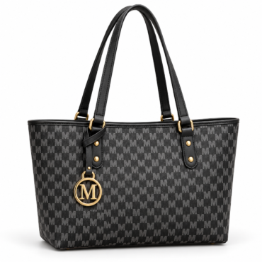 Black designer tote with repeating M logo pattern and gold hardware two top handles side buckle strap