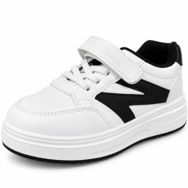 White sneaker with a black side panel, Velcro strap, and chunky sole on a white background.