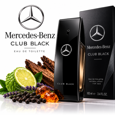 Mercedes-Benz Club Black perfume bottle and box with the logo, set beside lime, chocolate shards, lavender and peppercorns.
