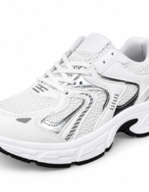 White athletic sneaker with mesh upper and chunky sole featuring gray side panels and layered designs
