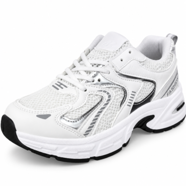 White athletic sneaker with mesh upper and chunky sole, featuring gray side panels and layered designs.