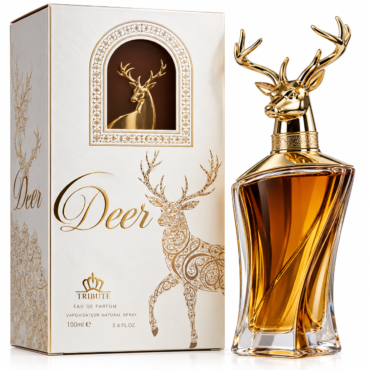 Luxurious perfume bottle with a gold deer figure as a tall cap, next to a cream box decorated with a gold deer motif.
