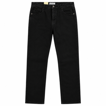Black denim jeans with five pockets laid flat, on white background (classic straight-leg style).