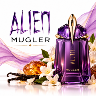 Purple glass perfume bottle labeled 'Alien' by Mugler with a gold cap, surrounded by flowers and flowing purple ribbons.