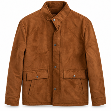 Brown suede jacket with a high collar, front snap placket, and two flap pockets at the hips.