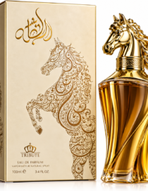 Gold perfume bottle with a sculpted horse head cap beside a matching gold box with ornate horse design on the front panel
