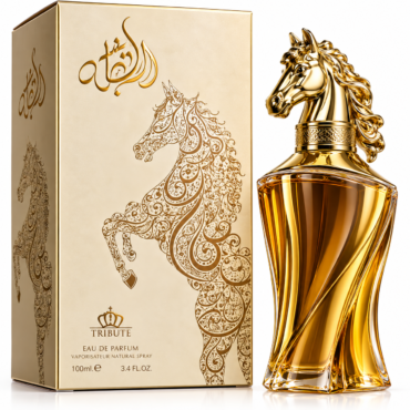 Gold perfume bottle with a sculpted horse head cap beside a matching gold box with ornate horse design on the front panel