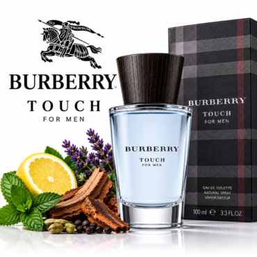 Burberry Touch for Men perfume bottle with plaid box, lemon slice, and herb sprigs in the foreground.