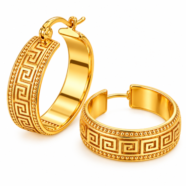 Two gold bracelets with Greek key pattern and bead-edged borders on a white background.