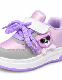 file_000000003f5c820a983f4b6b46c9cb14 - المول الشامل في الاردن Pink and gray kids sneaker with purple laces and a teddy bear charm on the side set on a white sole with lilac accents