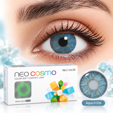 Close-up of a blue contact lens in an eye with the Neo Cosmo Aqua D 036 packaging in the foreground, showing vibrant blue iris details.