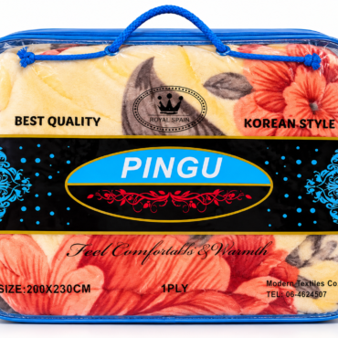 Blue zippered carry case holding a plush floral blanket branded 'PINGU' with 'Best Quality' and 'Korean Style' labels across a black band.