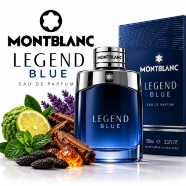 Montblanc Legend Blue perfume bottle with its blue box, surrounded by lemon, lavender, mint, and chocolate-y accents in the foreground.