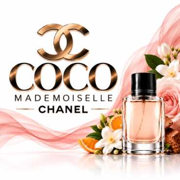 Chanel Coco Mademoiselle perfume ad with rose gold logo, bottle, and floral accents in pink fabric waves at right.