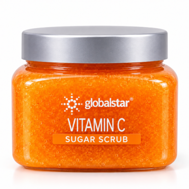 Orange glass jar of Vitamin C sugar scrub with a silver lid and visible crystal-like texture; label reads 'globalstar' and 'Vitamin C Sugar Scrub'