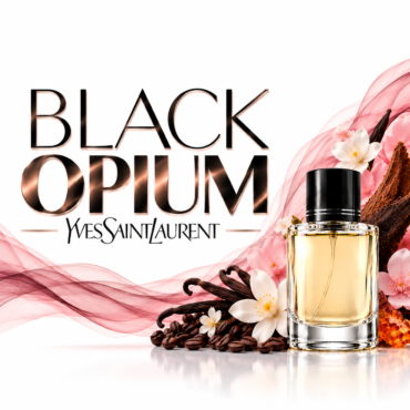 Yves Saint Laurent Black Opium perfume bottle with pink floral accents and flowing pink fabric in the background.