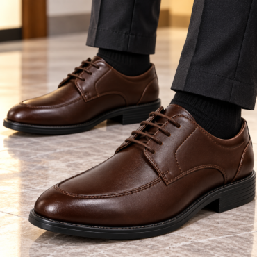Pair of polished brown leather dress shoes with black soles, worn with dark trousers, standing on a tiled floor.
