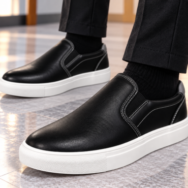 Black slip-on sneakers with white rubber soles and contrast white stitching, worn with dark trousers, on a tiled floor.