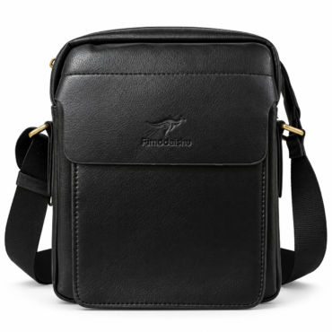 Black leather crossbody bag with front flap pocket and adjustable strap, brand logo visible on front