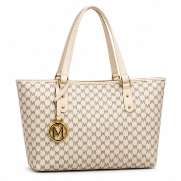 Beige designer tote bag with a repeating M logo pattern dual top handles and gold hardware including a circular M charm