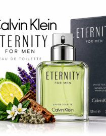 Calvin Klein Eternity for Men perfume bottle in front of its box surrounded by lemon herbs and spices