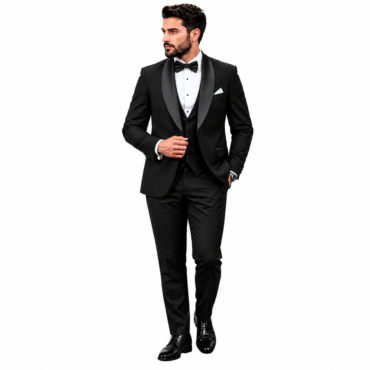 Man in a black tuxedo with satin lapels, white dress shirt, black bow tie, and pocket square, standing and looking to the left.