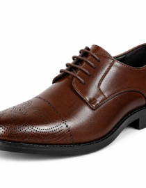Brown leather mens oxford shoe with brogue perforations and black sole shown at an angled side view