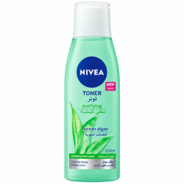 NIVEA toner bottle with blue circular logo, labeled 'purifying' and 'ocean algae', 200 ml, green liquid