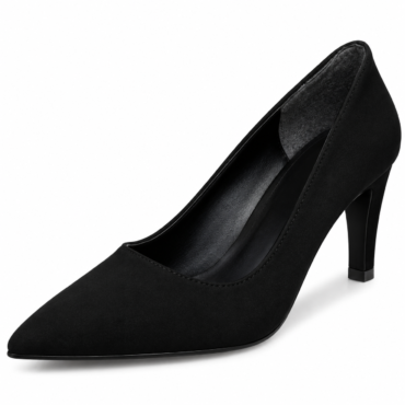 Black suede pump with a pointed toe and mid-height block heel, shown in a side view for women's footwear