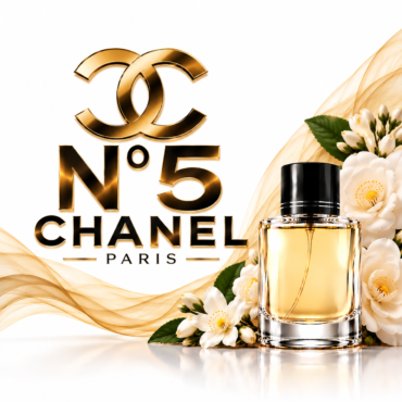 Chanel No.5 perfume bottle with gold logo and white flowers in an elegant ad composition.