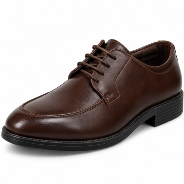 Brown leather lace-up dress shoe with black sole and stitching, angled view on white background.
