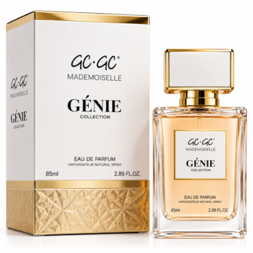 Perfume bottle with a gold rectangular cap beside a white box with gold trim, Génie Collection perfume by GC-GC Mademoiselle.