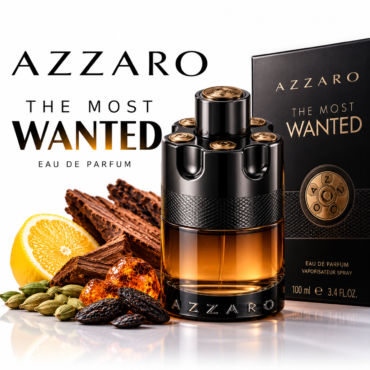 Azzaro The Most Wanted perfume bottle with its black box, surrounded by orange slices, chocolate, and spices.