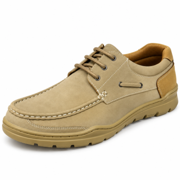 Beige suede lace-up casual shoe with stitched detailing and a rugged tan sole.