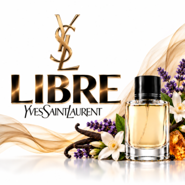 YSL Libre perfume bottle with gold LIBRE logo and lavender flowers decorative spray on white background.