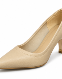 Beige pointed toe high heel shoe with a mid height block ish heel and smooth leather texture