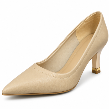 Beige pointed-toe high heel shoe with a mid-height, block-ish heel and smooth leather texture.
