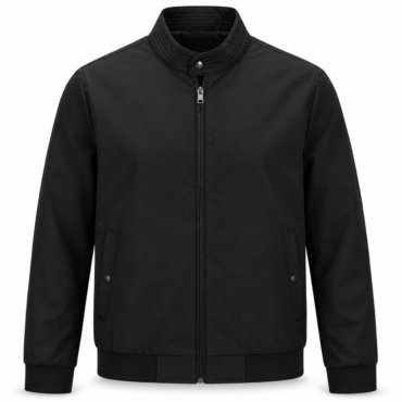 Front view of a black bomber jacket with a full-length zipper, ribbed collar, cuffs, and hem on a white background.